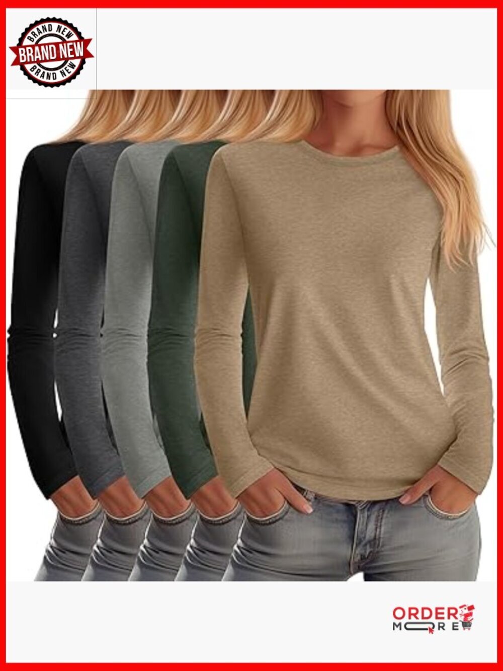 5 Pack Women's Crew Neck Long Sleeve Tees Multipack Cotton Blend Basic Layering